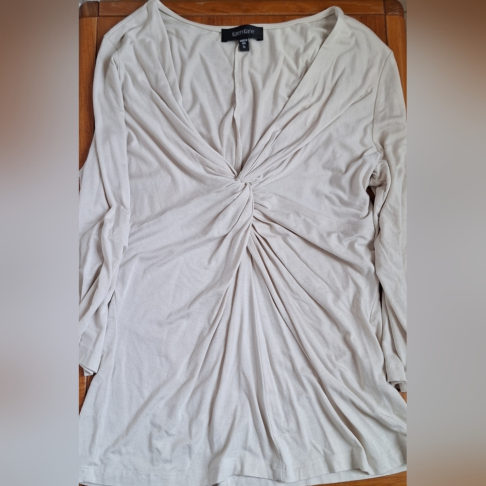 Karen Kane Twist Knot Top 3/4 Sleeve Wrap Ruched Jersey Neutral Beige Womens